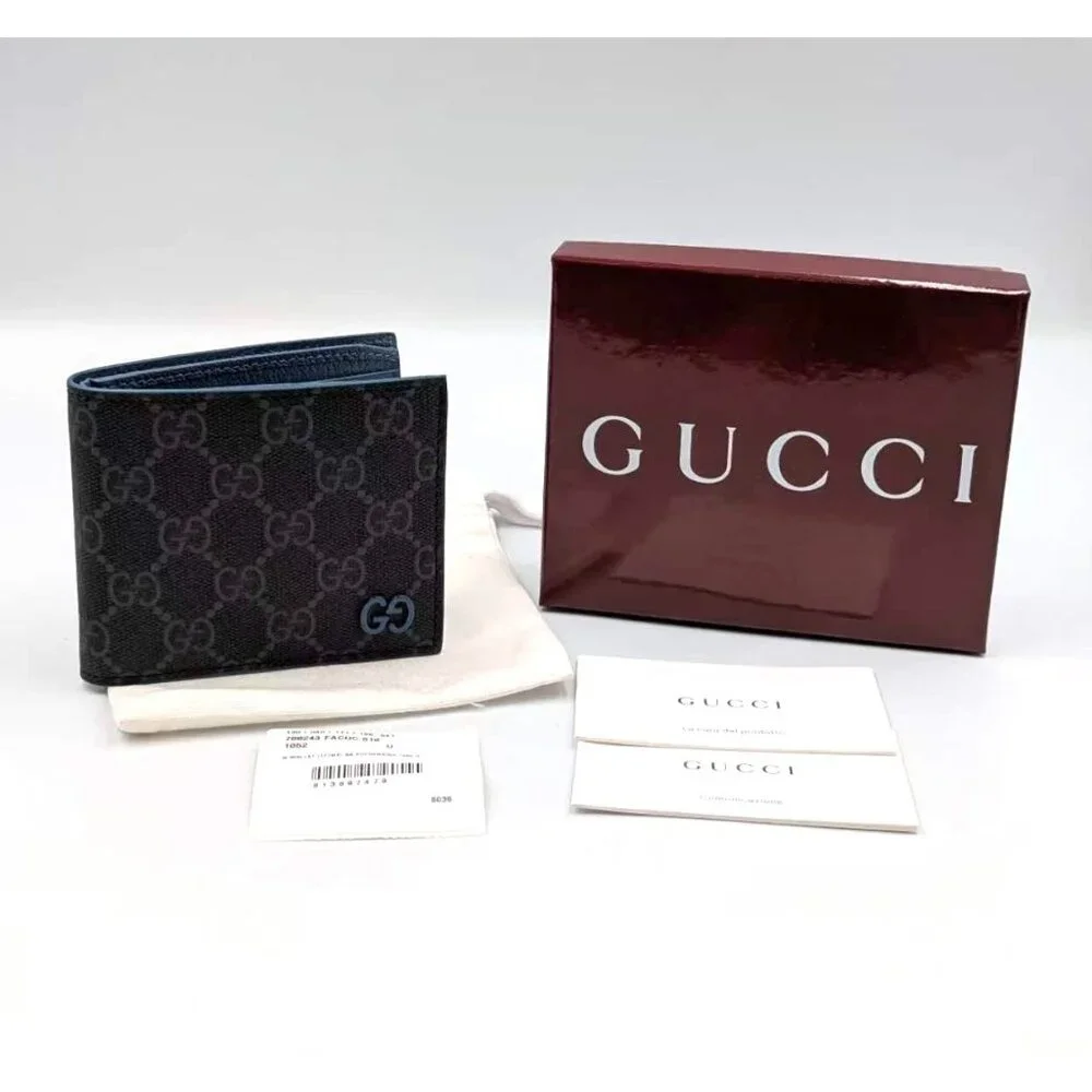 Gucci Black GG Supreme Canvas Bi-Fold Wallet with Blue Double G